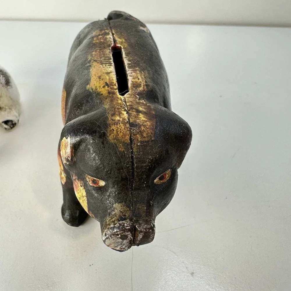 Vintage Cast Iron Pig Bank Doorstops x2 White and Black 4